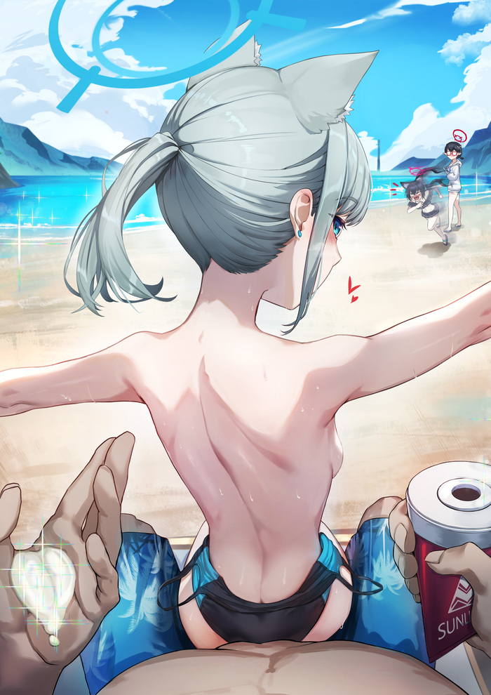 Smear me, Sensei... - NSFW, Blue archive, Sunaookami shiroko, Kuromi Serika, Okusora Ayane, Art, Girls, Games, Anime art, Anime, Animal ears, Beach