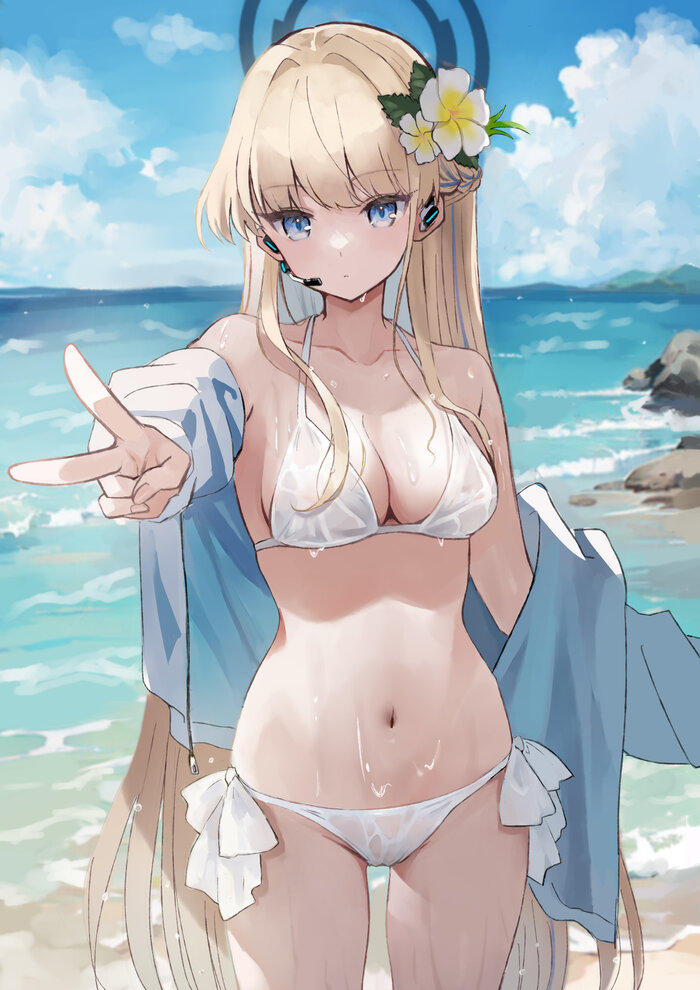 The world from the cutie - NSFW, Anime, Anime art, Girls, Games, Blue archive, Asuma Toki, Swimsuit, Bikini, Beach, Sea