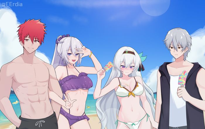 Beach Multiverse Episode - NSFW, Anime art, Pixiv, Anime, Swimsuit, Crossover, Honkai Impact, Honkai: Star Rail, Kiana kaslana, Captain, Caelus (Honkai: Star Rail), Firefly (Honkai: Star Rail)