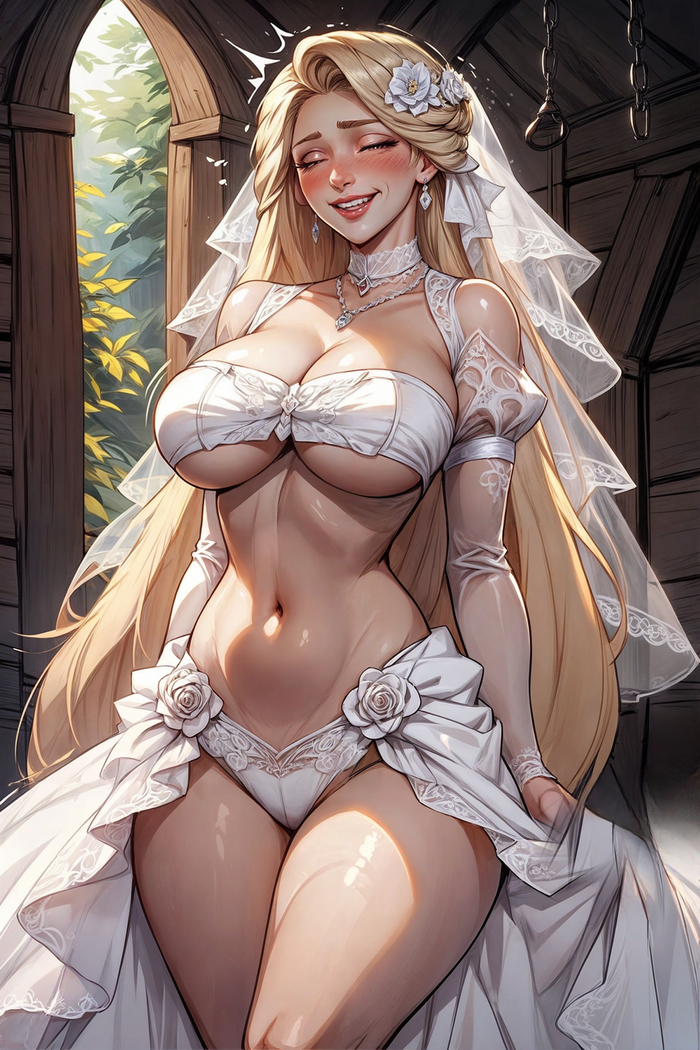 Rapunzel is preparing for the wedding - NSFW, My, Hand-drawn erotica, Neural network art, Anime, Anime art, Art, Boobs, Blonde, Rapunzel, The dress