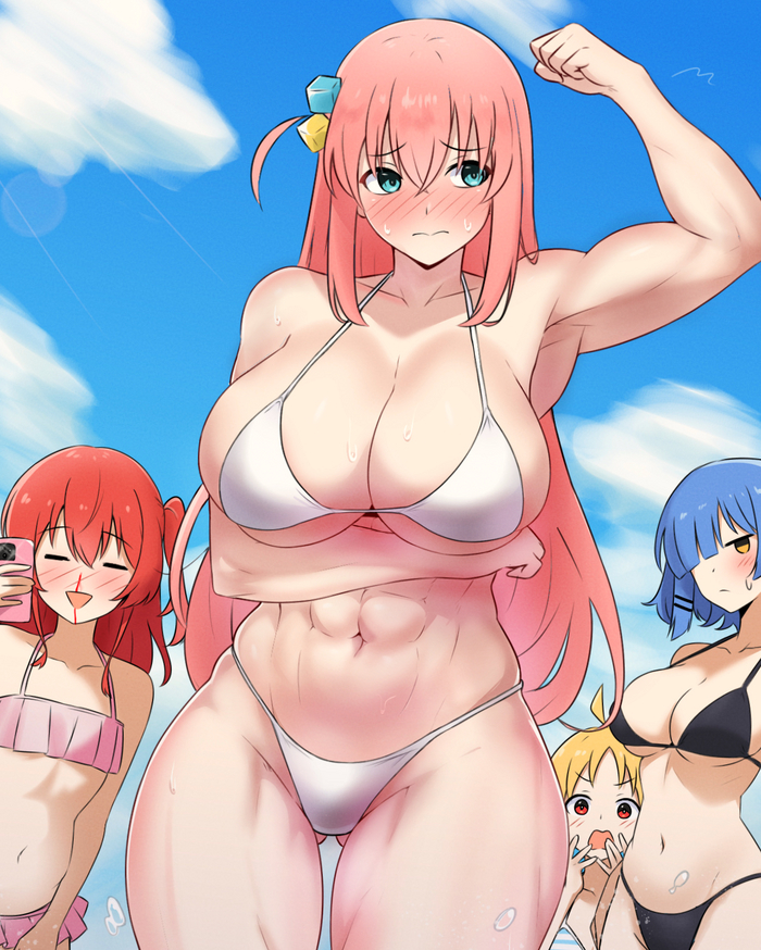 Bochi - NSFW, Anime art, Anime, Gotou Hitori, Bocchi the Rock!, Kita Ikuyo, Yamada Ryou, Ijichi Nijika, Strong girl