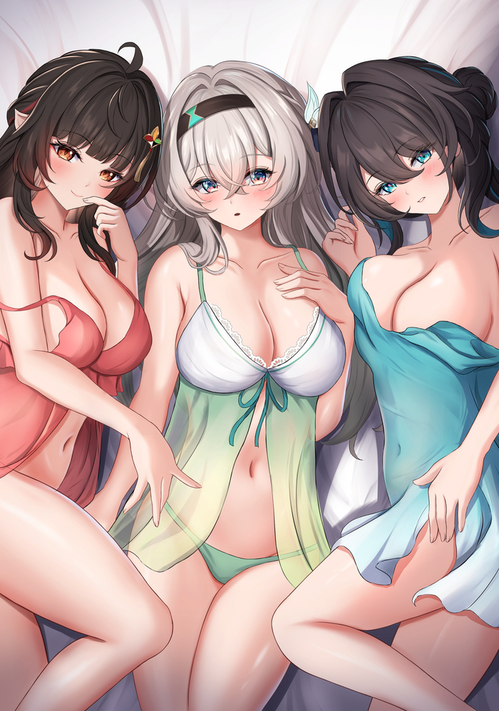 В ожидании... - NSFW, Anime Art, Аниме, Honkai: Star Rail, Lingsha (Honkai: Star Rail), Firefly (Honkai: Star Rail), Ruan Mei (Honkai: Star Rail), Сиськи, Нижнее белье