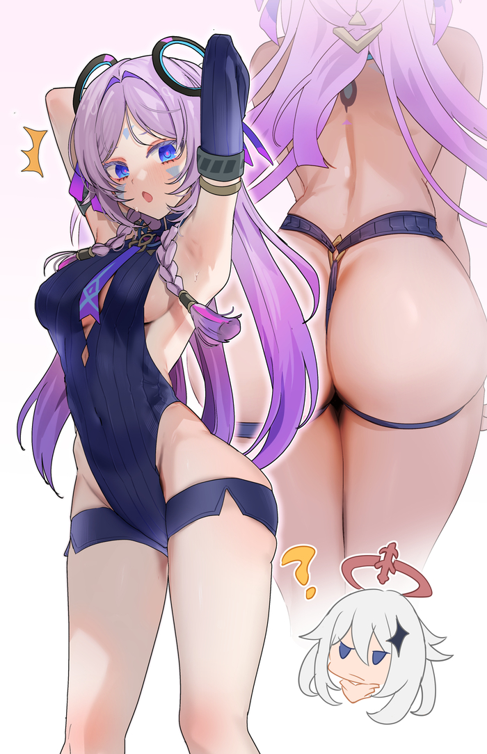 ... and a puzzled Paimon - NSFW, Art, Anime, Genshin impact, Anime art, Citlali (Genshin Impact), Paimon (Genshin Impact), Legs, Hips, Bodysuit, Booty