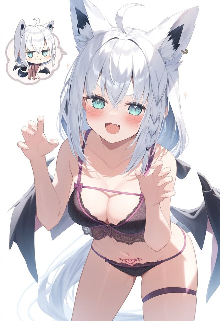 Boo, scared? Don't be afraid. I'm a friend, I won't hurt you - NSFW, Anime art, Anime, Girls, Hololive, Shirakami fubuki, Virtual youtuber, Animal ears, Underwear, Underpants, Pantsu, Bra, Neural network art, Hand-drawn erotica, Halloween