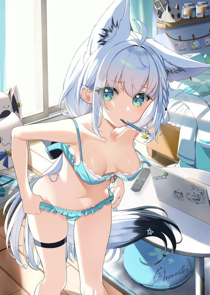 Oh no, I overslept - NSFW, Anime art, Anime, Virtual youtuber, Hololive, Shirakami fubuki, Animal ears, Tail