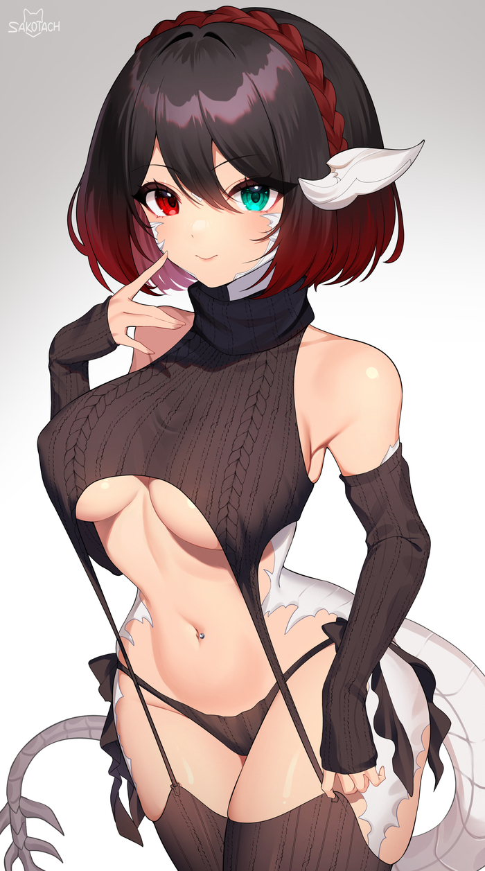 FFIXV - NSFW, Anime art, Anime, Final fantasy xiv, Original character, Au Ra, Girls, Virgin killer sweater, Tail, Heterochromia, 18+