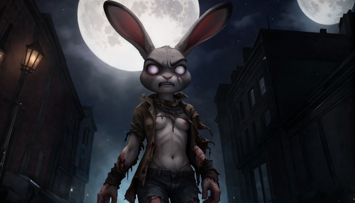 Halloween with Judy - NSFW, My, Neural network art, Stable diffusion, Furry, 16:9, Judy hopps, Zootopia, Furry rabbit, Furotica, Halloween, Demon, Vampires, Boobs, Nipples, Longpost