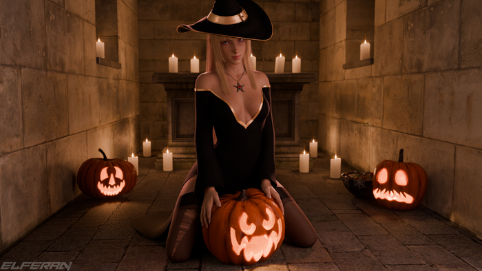 Lili Happy Halloween! - NSFW, Эротика, Арт, Lili, Tekken, 3D, Девушки, Сиськи, Тыква, Хэллоуин, Голые, Чулки, Длиннопост