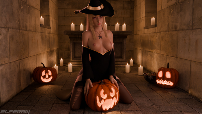 Lili Happy Halloween! - NSFW, Эротика, Арт, Lili, Tekken, 3D, Девушки, Сиськи, Тыква, Хэллоуин, Голые, Чулки, Длиннопост