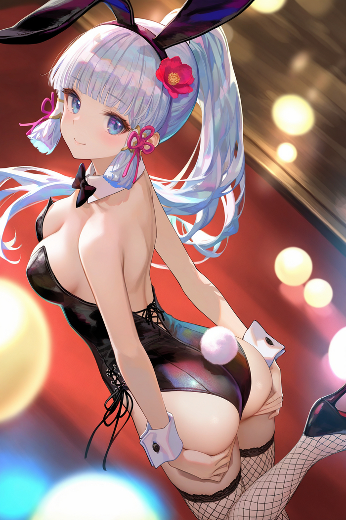 Bunny - NSFW, Anime, Anime art, Genshin impact, Kamisato Ayaka (Genshin Impact), Bunnysuit, Bunny ears, Bunny tail, Stockings, Booty, Boobs, Neural network art