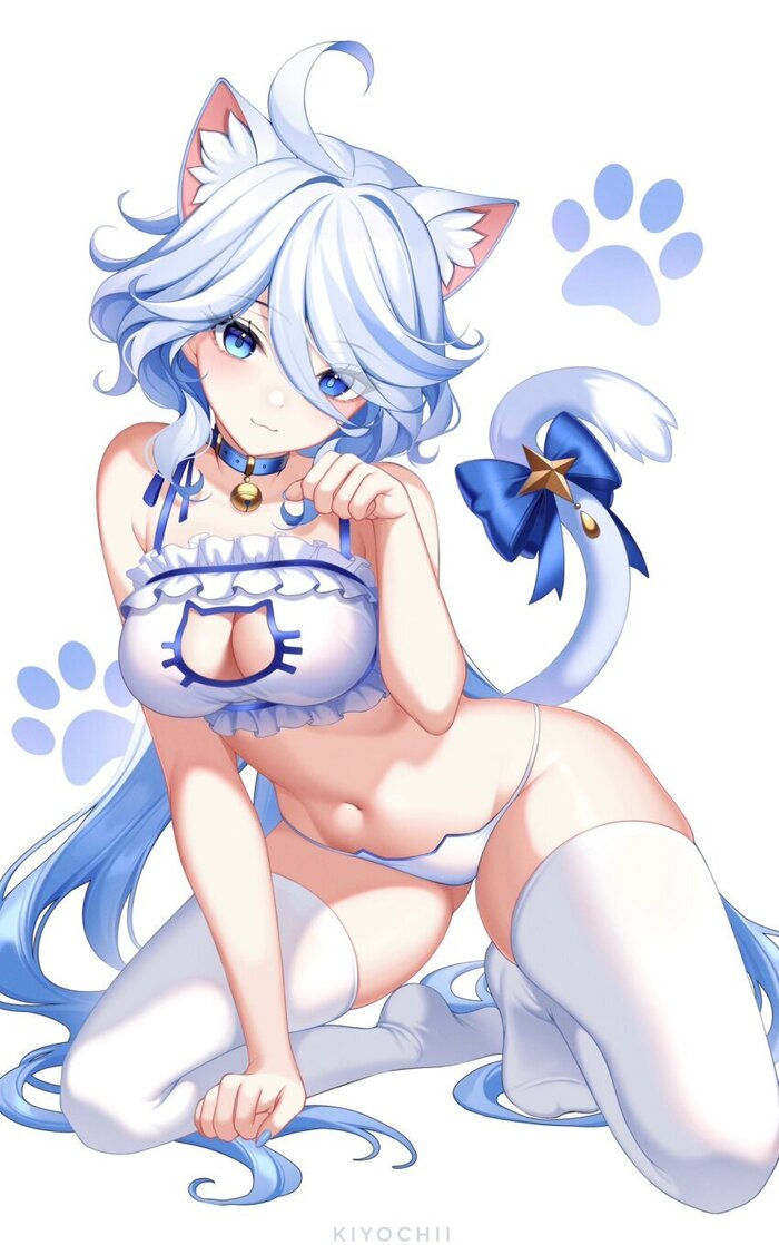 Furririna - NSFW, Genshin impact, Art, Anime art, Cat keyhole bra, Furina (Genshin Impact), Longpost, 18+