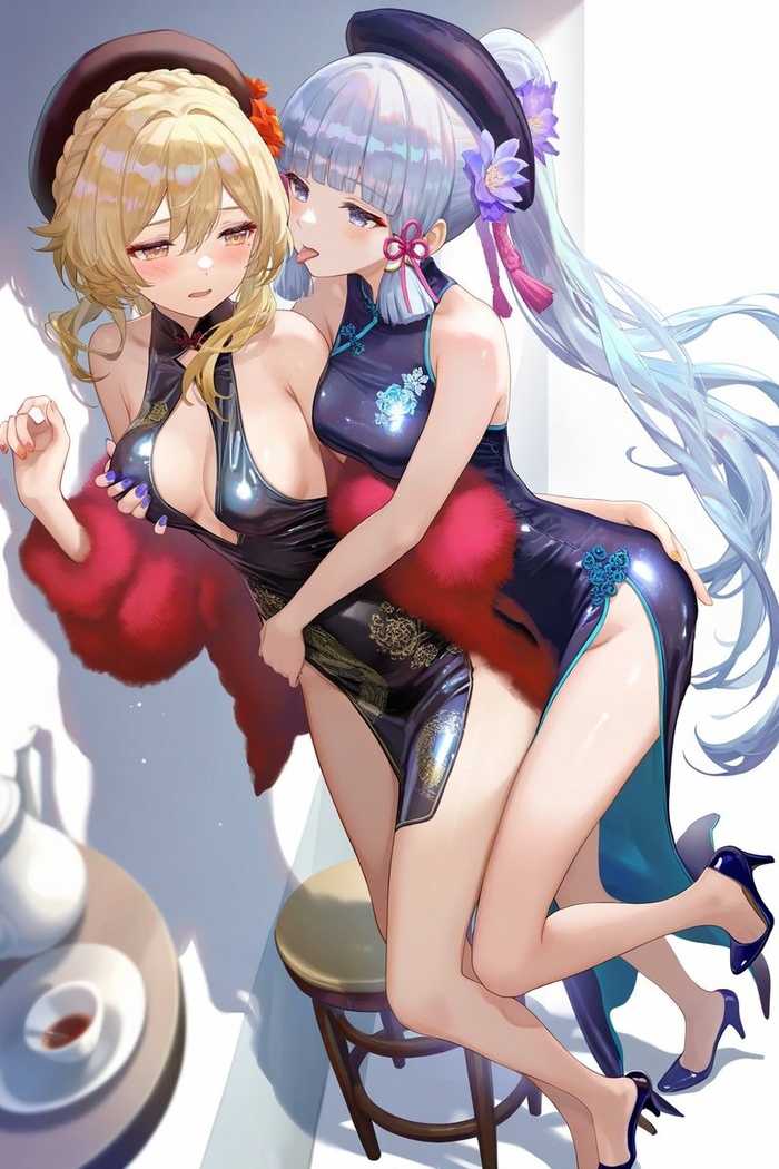 Lick and Praise - NSFW, Art, Anime, Genshin impact, Anime art, Lumine (Genshin Impact), Kamisato Ayaka (Genshin Impact), Legs, Hips, Beret, Qipao, High heels, Yuri, Longpost