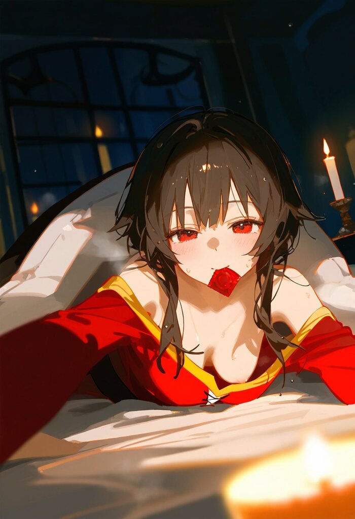 Let's play naughty? - NSFW, Anime, Anime art, Megumin, Konosuba, Hand-drawn erotica, Condoms, Boobs, Neural network art, Bed, 18+