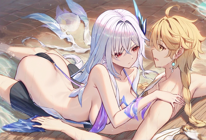 seduction - NSFW, Neural network art, Genshin impact, Anime art, Anime, Pixiv, Aether (Genshin Impact), Skirk (Genshin Impact)