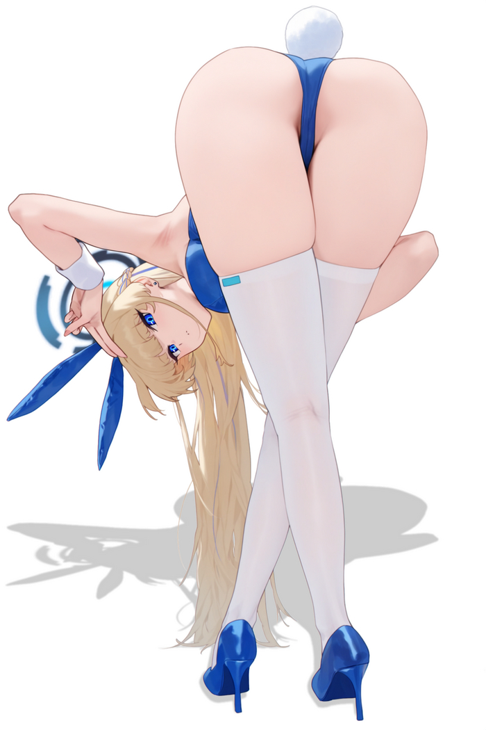 Asuma Toki #002 - NSFW, Anime, Anime art, Blue archive, Asuma Toki, Girls, Artificial Intelligence, Back view, Shoes, Nimbus, Bunnysuit, Long hair, White background, Blue eyes, Stockings, 18+