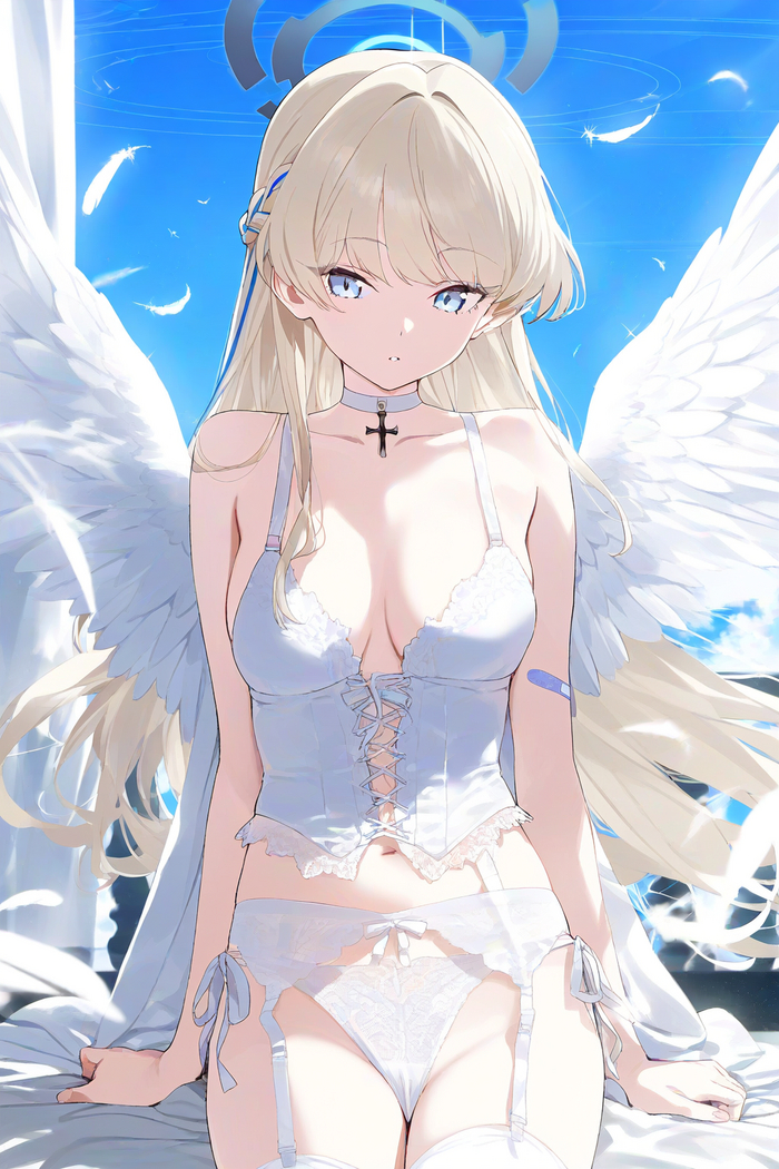 Angel - NSFW, Anime, Anime art, Asuma Toki, Blue archive, Underwear, Wings, Girls, Stockings, Neural network art, 18+