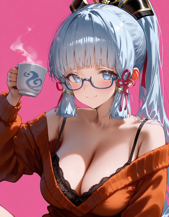 Drink delicious tea - 18+, Anime, Anime art, Kamisato Ayaka (Genshin Impact), Genshin impact, Girl in glasses, Bra, Boobs, Neural network art, NSFW