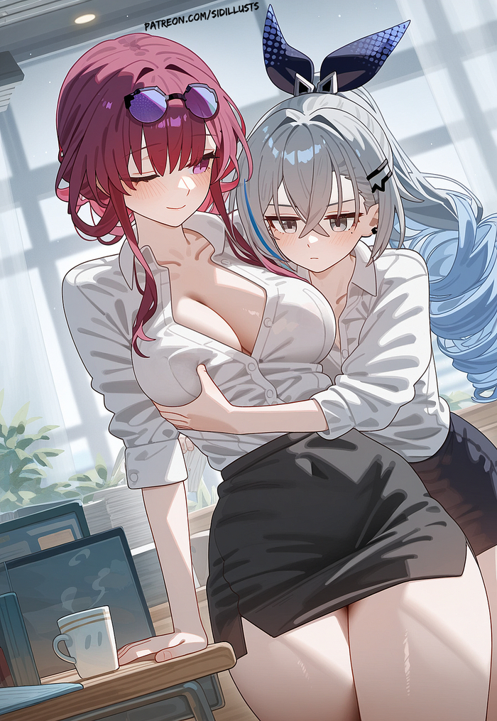 Kafka and Silver Wolf - 18+, Anime, Anime art, Honkai: Star Rail, Kafka (Honkai: Star Rail), Silver Wolf (Honkai: Star Rail), Girls, Skirt, Embarrassment, Barrette, Glasses, A cup, Artificial Intelligence, Neckline, Long hair, Smile, Blouse, NSFW