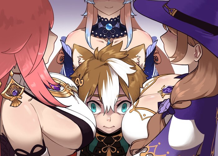 Triple Goro Sandwich as ordered - 18+, Boobs, Art, Hand-drawn erotica, Games, Gorou, Lisa (Genshin Impact), Yae Miko (Genshin Impact), Genshin impact, Game art, Anime art, NSFW, Sangonomiya Kokomi