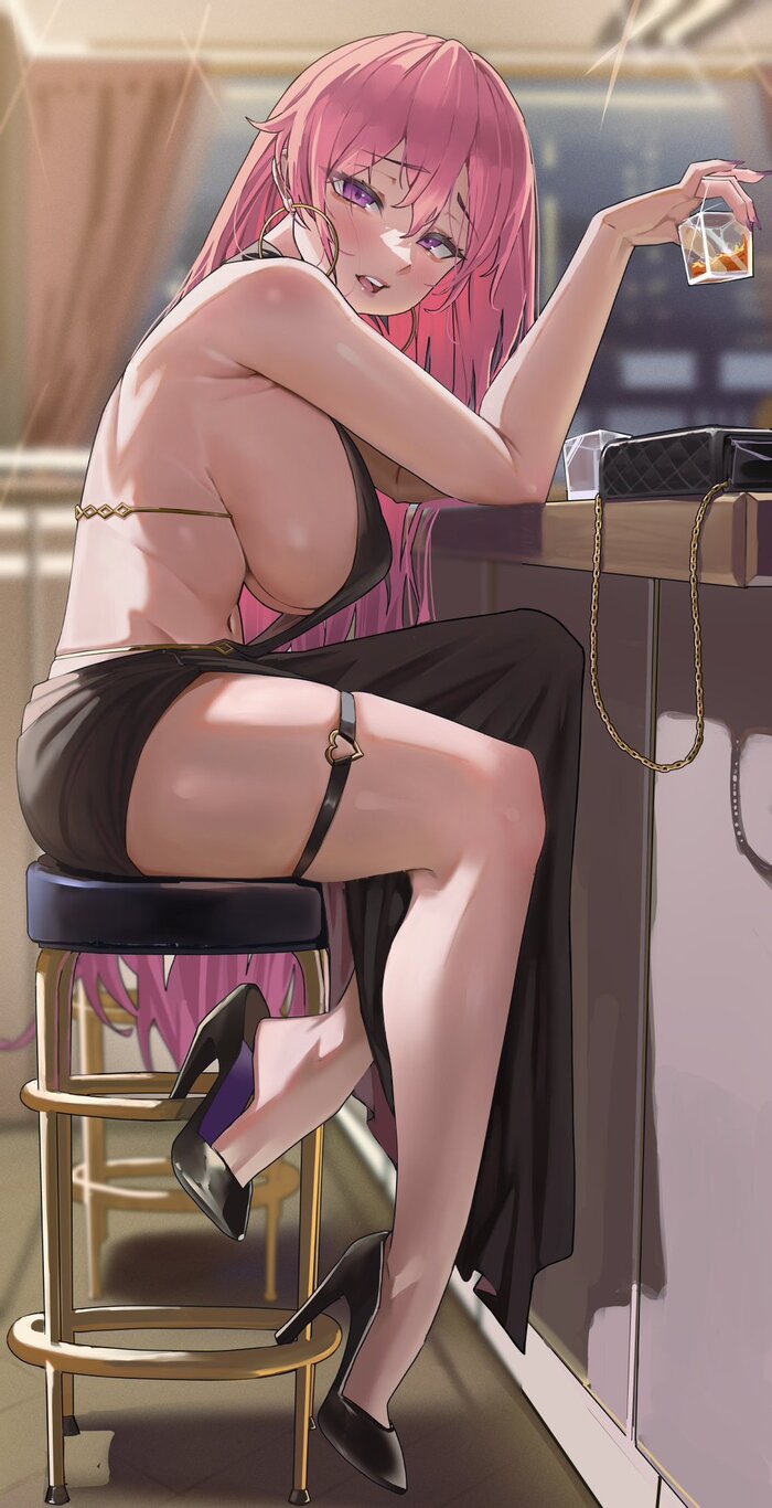 Runie Ruse #001 - 18+, Anime, Anime art, Girls, Long hair, Сумка, Bar, Back, The dress, High heels, Is sitting, Sideboob, Bar, NSFW, Boobs, Runie Ruse, Phase Connect