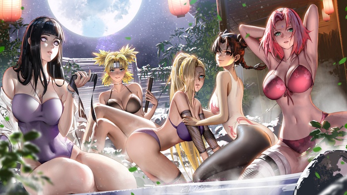 At the hot springs - 18+, Anime art, Anime, Naruto, Hinata hyuga, Sakura haruno, Temari, Ino yamanaka, Tenten, Liang xing, NSFW, Swimsuit