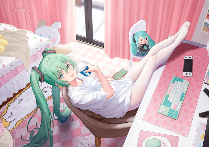 Hatsune Miku #194 - 18+, Anime, Anime art, Hatsune Miku, Girls, Is sitting, Komnota, Chair, Smile, Doll, Curtains, Keyboard, Tights, Mobile phones, Pillow, Green eyes, NSFW