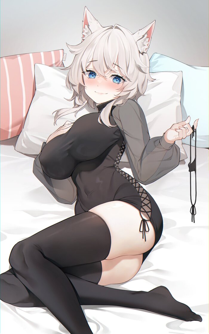 Original Character #008 - 18+, Anime, Anime art, Original character, Girls, Bed, Underwear, Stockings, The dress, Animal ears, Blue Eyes, Pillow, Thong, Embarrassment, Lies, NSFW