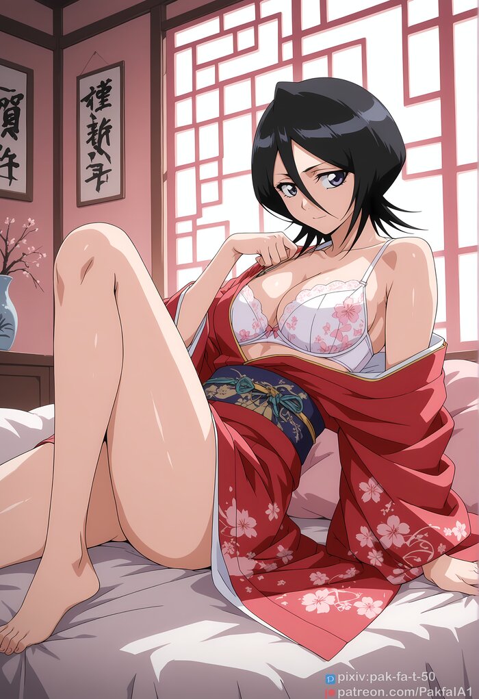 Post #12138093 - 18+, Anime, Anime art, Rukia Kuchiki, Bleach, Bra, Legs, Hips, Kimono, Neural network art, NSFW