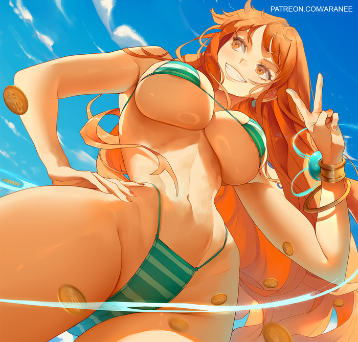 Nami-suan! - 18+, Aranee, Art, Anime, Anime art, Hand-drawn erotica, Erotic, One piece, Nami, Swimsuit, NSFW