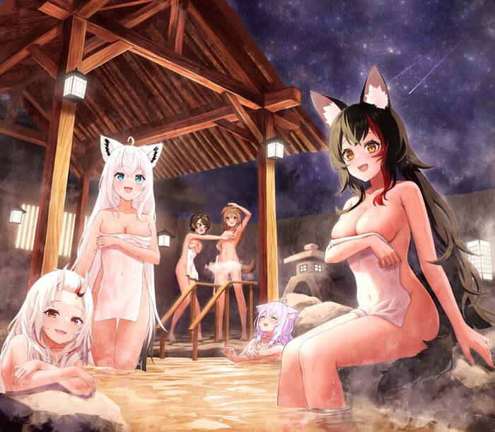 Onsen - 18+, Anime, Anime art, Virtual youtuber, Hololive, Ookami Mio, Nakiri ayame, Shirakami fubuki, Nekomata Okayu, Inugami Korone, Oozora Subaru, Animal ears, The hot springs, NSFW