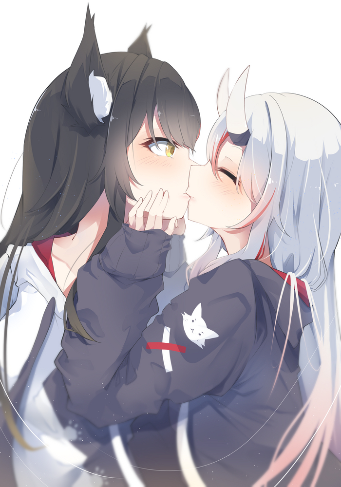 Ookami Mio and Nakiri Ayame - 18+, Anime, Anime art, Virtual youtuber, Hololive, Nakiri ayame, Ookami Mio, Kiss, Yuri, NSFW, Animal ears