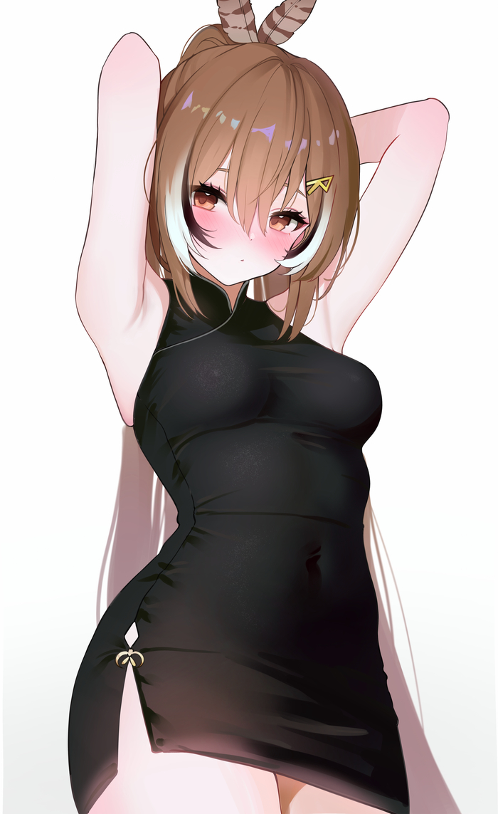 Very tight dress - 18+, Art, Anime, Hololive, Virtual youtuber, Anime art, Nanashi Mumei, Qipao, Girls, Armpits, Nipples, Navel, Erotic, Hand-drawn erotica, Koahri, NSFW