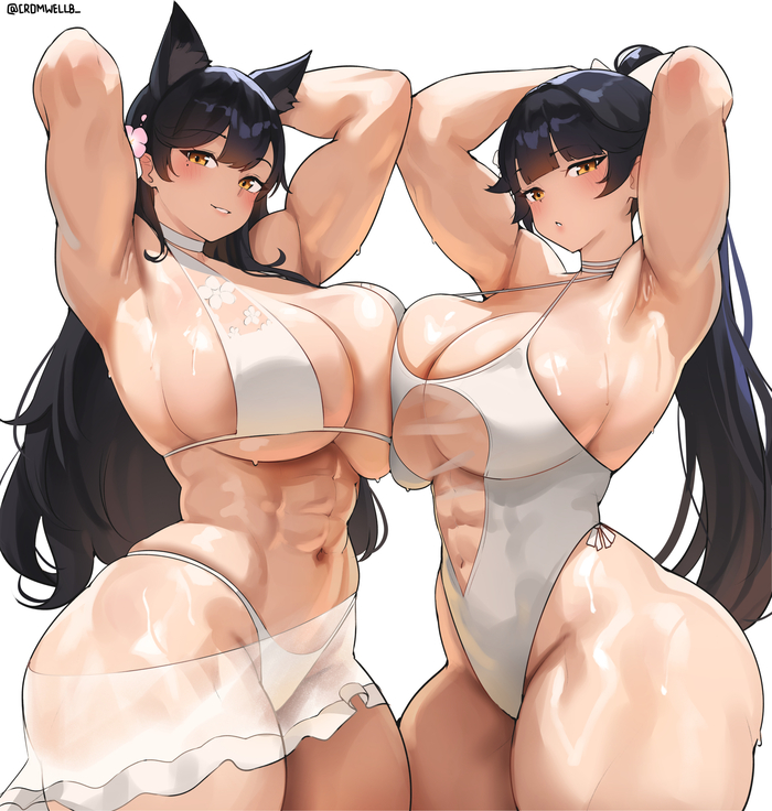 Могучие - 18+, Cromwellb, Арт, Аниме, Anime Art, Рисованная эротика, Эротика, Muscleart, Extra thicc, Очки, Нижнее белье, Azur Lane, Atago, Takao, NSFW