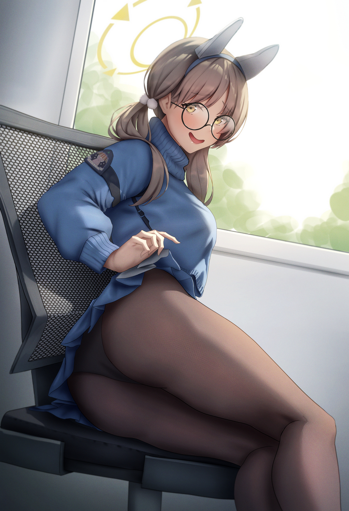 Kazekura Moe - NSFW, Erotic, Art, Kazekura Moe, Blue archive, Girls, Sweater, Tights, Pantsu, Skirt, Girl in glasses