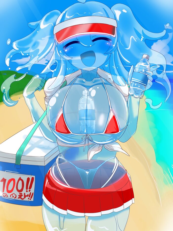 Who wants some water? - NSFW, Anime, Anime art, Art, Girls, Boobs, Swimsuit, Slime