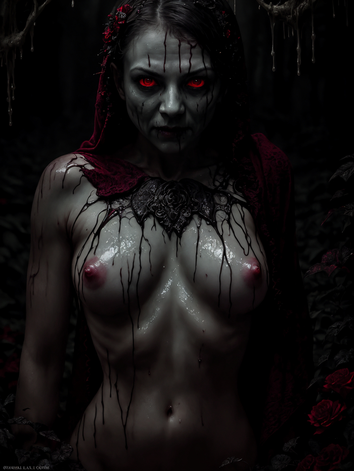 Little Red Riding Hood-ghoul - NSFW, My, Ghoul, Vampires, Erotic, Boobs, Fantasy, Нейронные сети, Horror, Stable diffusion, Art