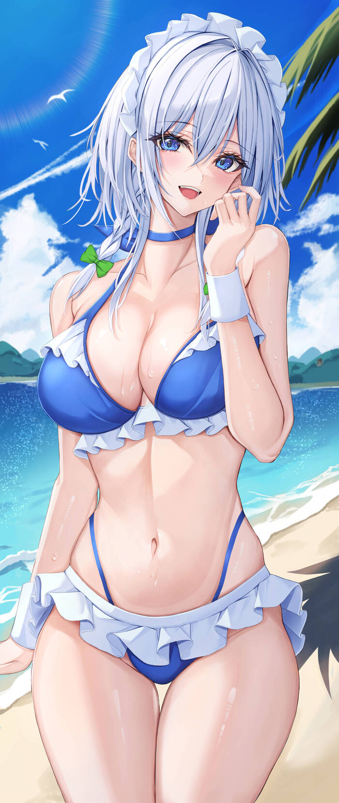 Sakuya on the beach - NSFW, Anime, Anime art, Art, Touhou, Izayoi Sakuya, 7saki, Beach, Sea, Erotic, Hand-drawn erotica, Longpost