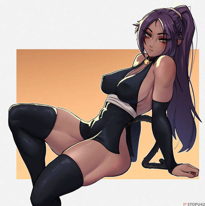 Yoruichi - NSFW, Stopu42, Арт, Аниме, Anime Art, Рисованная эротика, Bleach, Shihouin Yoruichi, Ляжки, Чулки