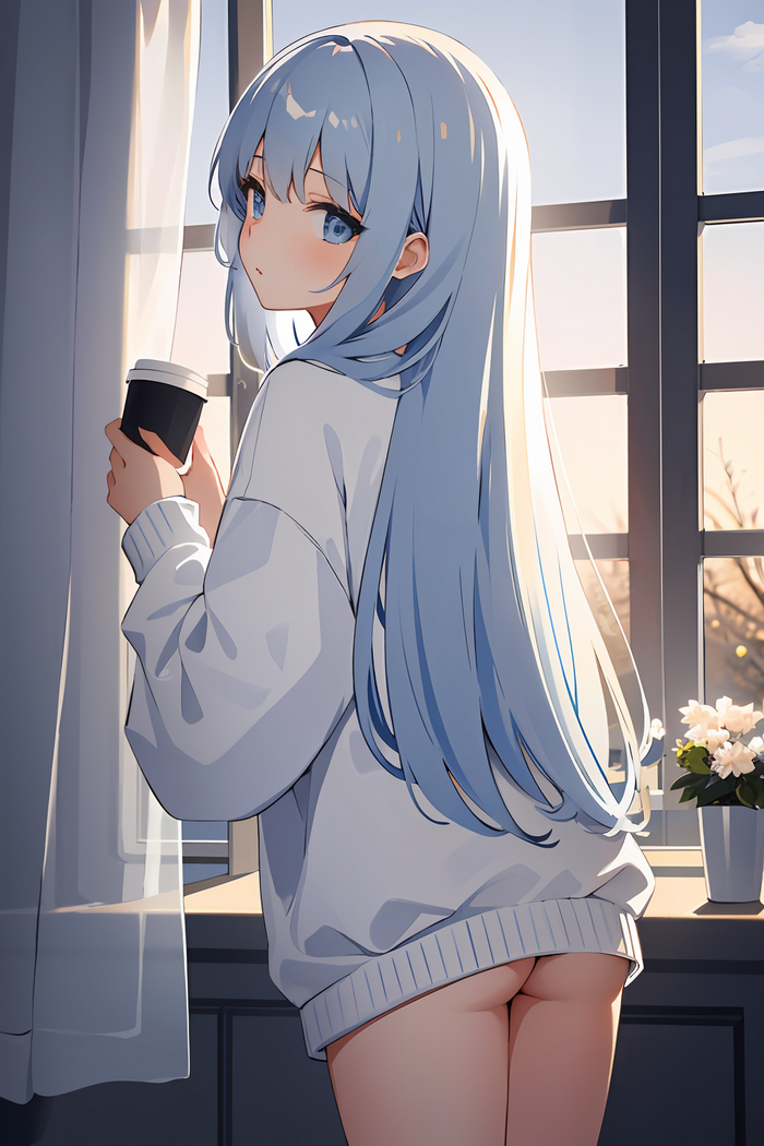 Winter morning - NSFW, My, Neural network art, Нейронные сети, Girls, Art, Colorful hair, Anime, Anime art, Original character, Pullover, Booty, Winter