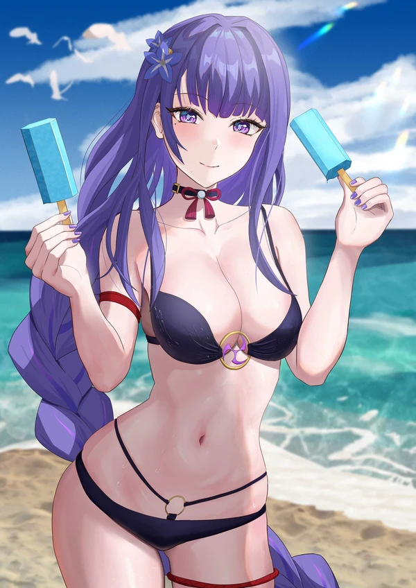 Ice cream - NSFW, Anime art, Anime, Genshin impact, Raiden shogun, Swimsuit