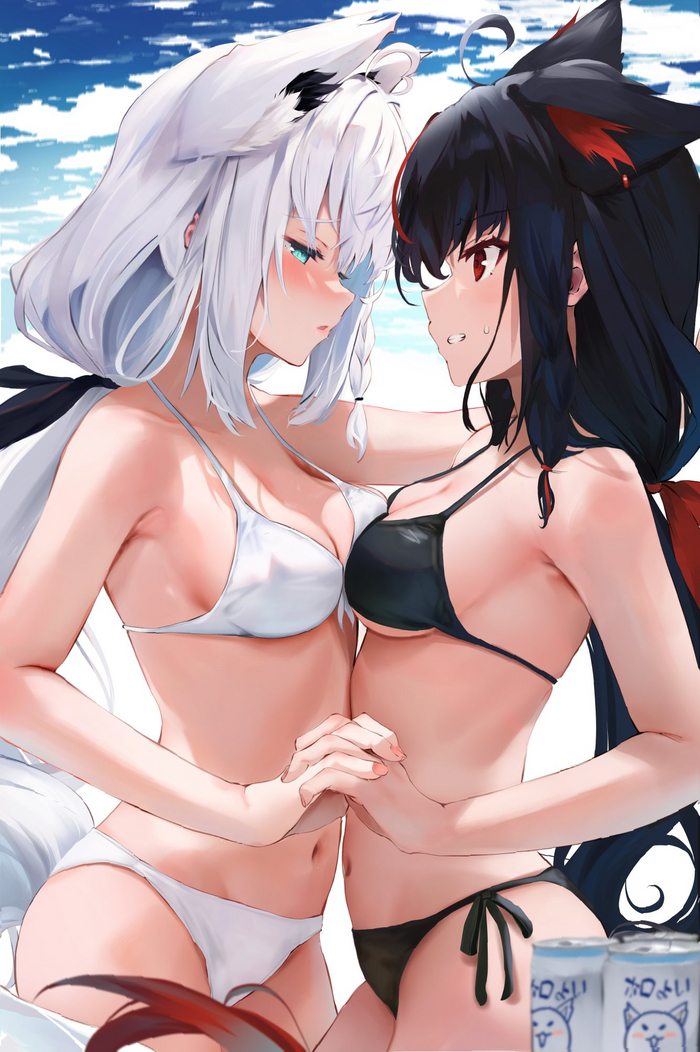 Fubuki & Mio - NSFW, Anime Art, Аниме, Hololive, Shirakami Fubuki, Animal Ears, Хвост, Yuri