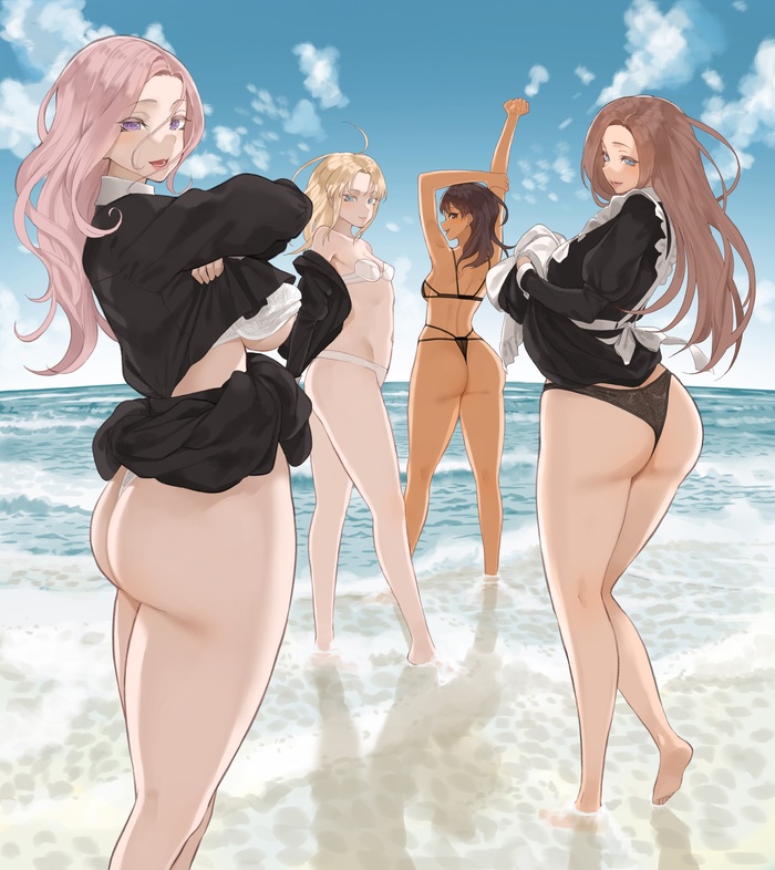 beach maids - NSFW, Art, Anime art, Original character, Housemaid, Girls, Erotic, Underwear, Stockings, Boobs, Booty, Pantsu, Without underwear, Back view, Nudity, Corset, Beach, Sea, Strip, Throtem, Longpost, Hand-drawn erotica