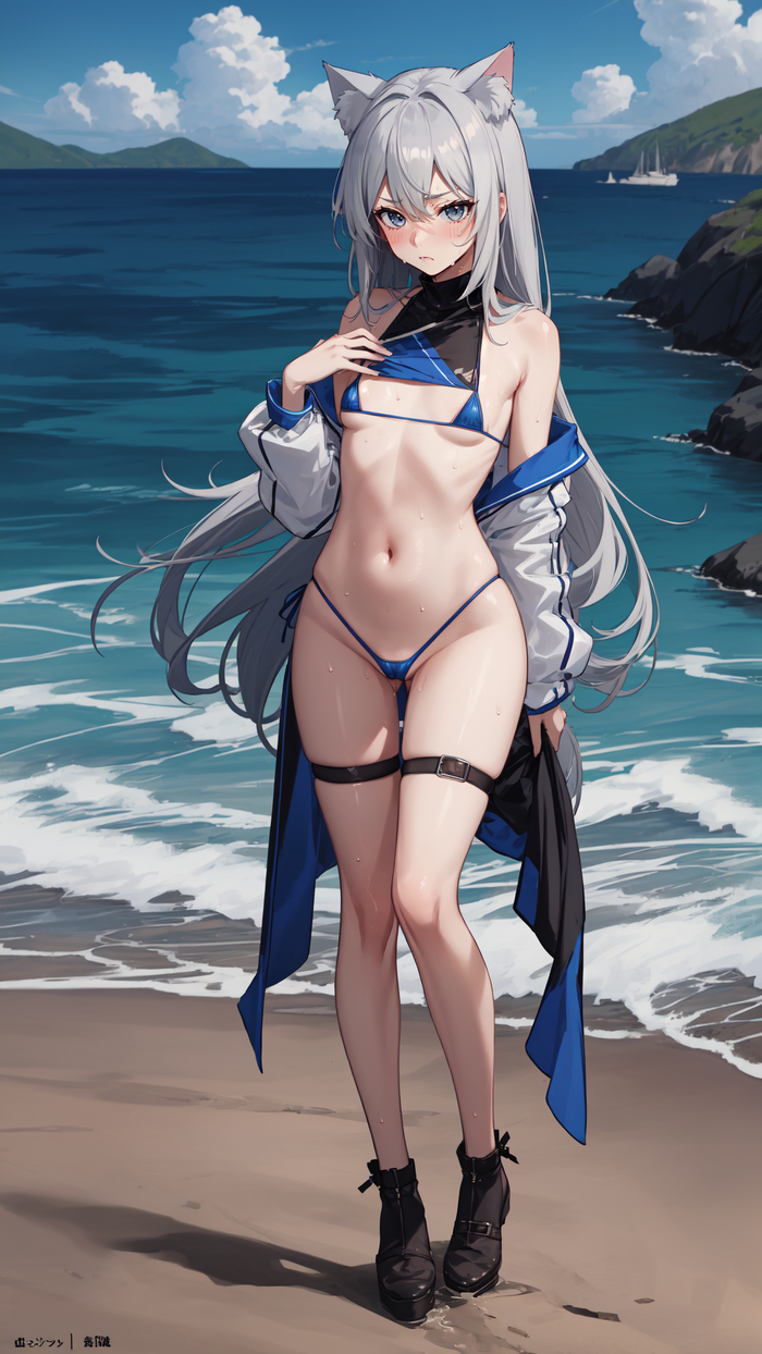 Silver Neka in micro bikini - NSFW, My, Girls, Anime, 2D, Stable diffusion, Anime art, Longpost, Art, Нейронные сети, Artificial Intelligence, Digital drawing, Original character, Neko, Swimsuit, Bikini, Grey eyes, Beach, Sea, Animal ears