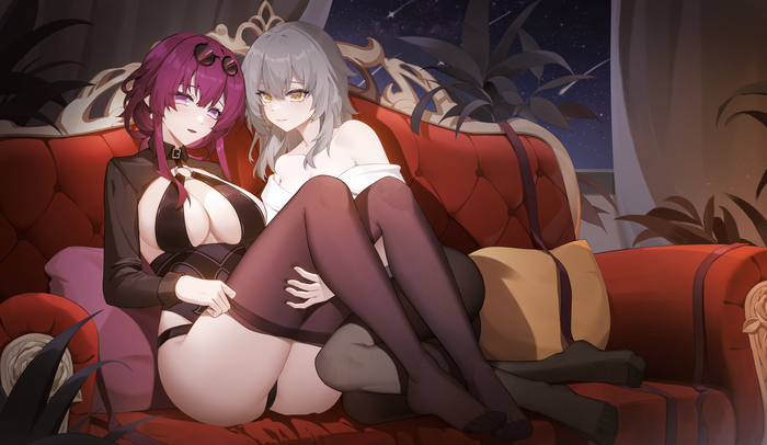 Kafka & Stelle - NSFW, Anime art, Anime, Honkai: Star Rail, Yuri, Stelle (Honkai: Star Rail), Stockings, Underwear