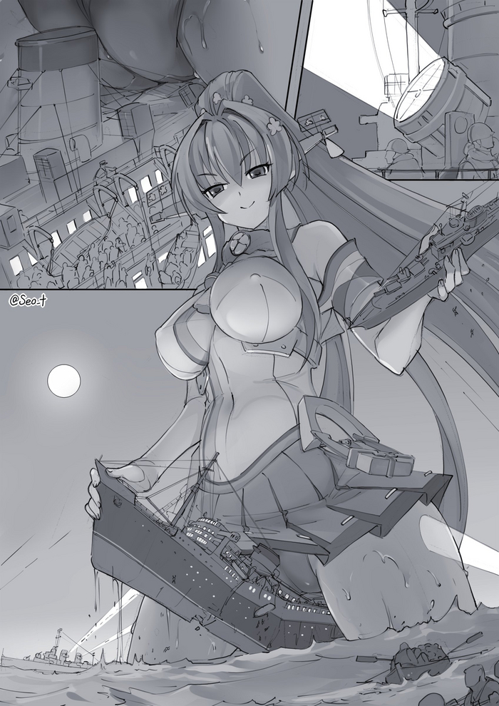 Attack on the fleet of ships - NSFW, Anime art, Black and white, Yamato, Kantai collection, Destruction, Military, Underpants, Skirt, Seo Tatsuya