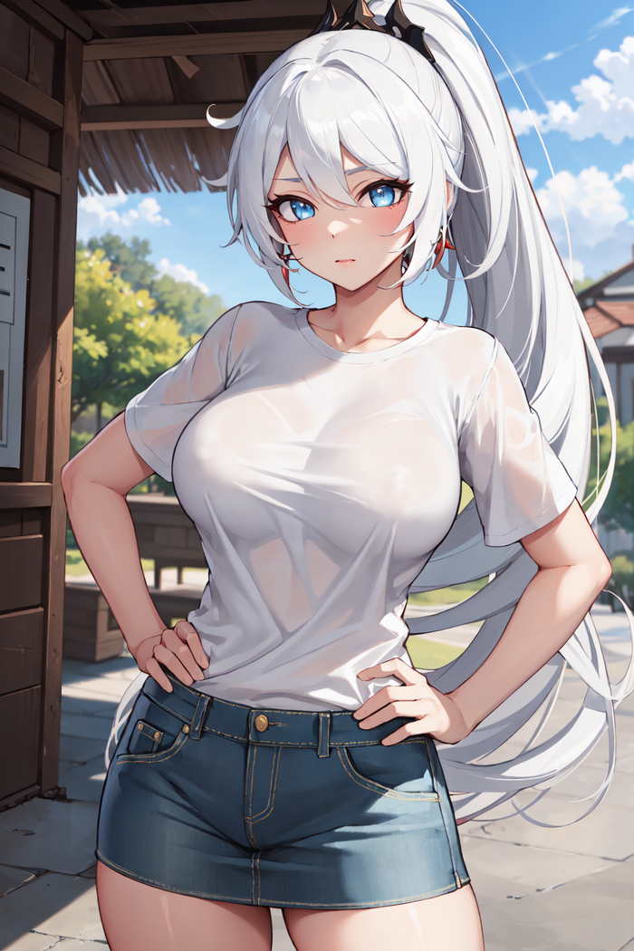 Kiana - NSFW, Anime art, Anime, Hand-drawn erotica, Nipples, Boobs, Mini skirt, Kiana kaslana, Neural network art, Honkai Impact