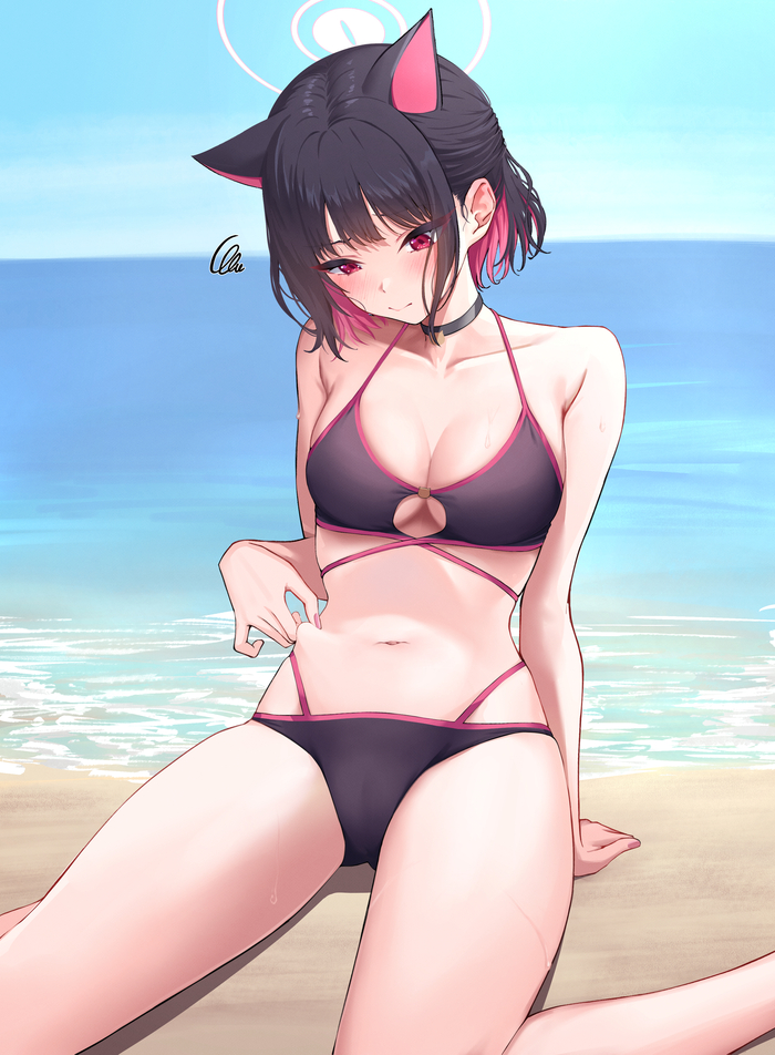 Tummy... - NSFW, Anime, Anime art, Art, Blue archive, Kyouyama Kazusa, Choker, Stomach, Animal ears, Beach, Sea, Hand-drawn erotica, Erotic