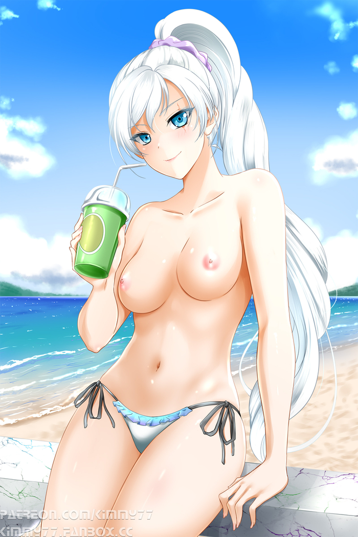 Снежинка - NSFW, RWBY, Weiss Schnee, Anime Art, Kimmy77, Арт, Аниме, Сиськи, Рисованная эротика, Вода, Пупок, Небо, Облака, Стакан, Соски, Длиннопост