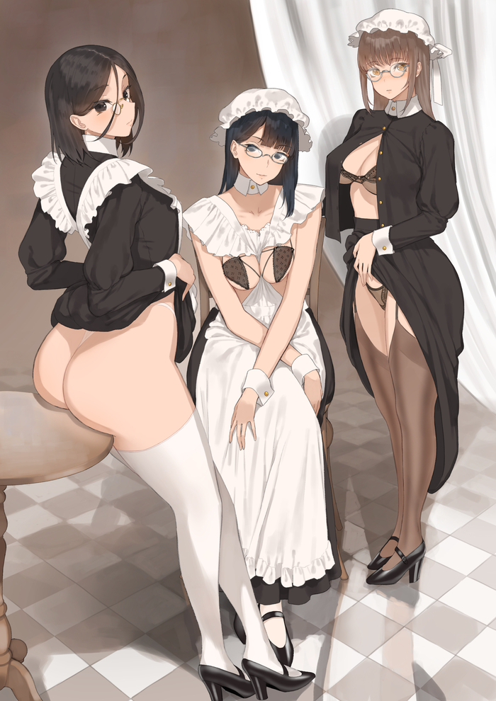 Maids - NSFW, Art, Anime art, Original character, Housemaid, Girls, Hand-drawn erotica, Underwear, Boobs, Booty, Throtem, Stockings, Longpost