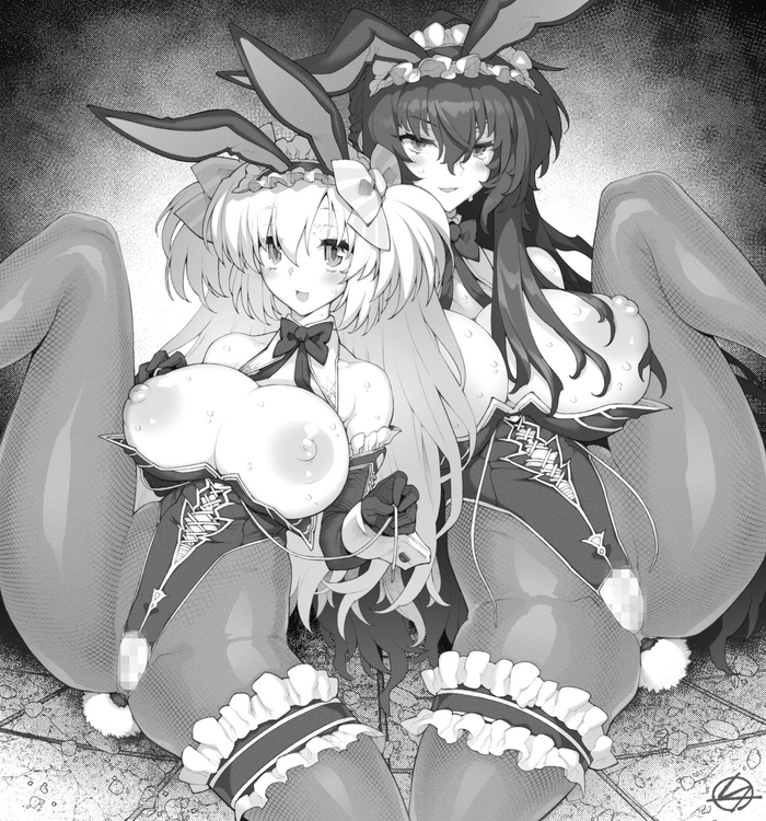 Two German women, Liz Hohenstein and Beatrix Brehme, from the world of Muv-Luv by bajou takurou - NSFW, Anime, Anime art, Boobs, Nipples, Bunnysuit, Pantsu, Masturbation, Stockings, Hips, Penis, Longpost